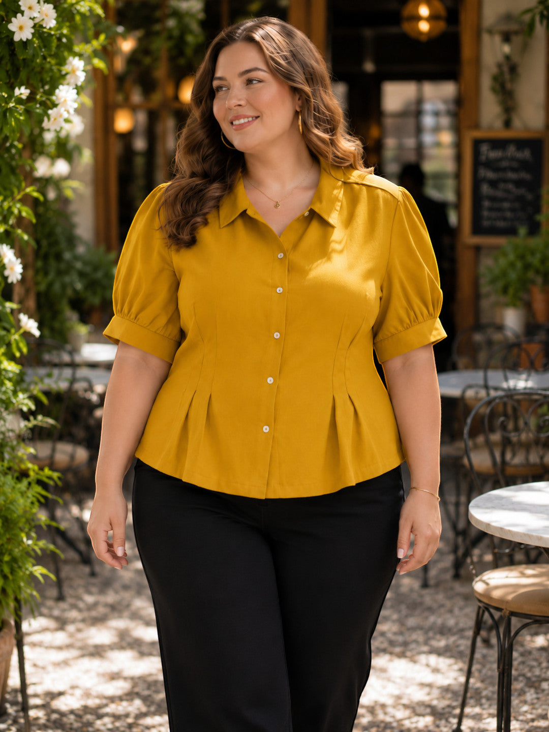 Women Plus Size Mustard Short Sleeve Viscose Slub Shirt with Pleat Detail