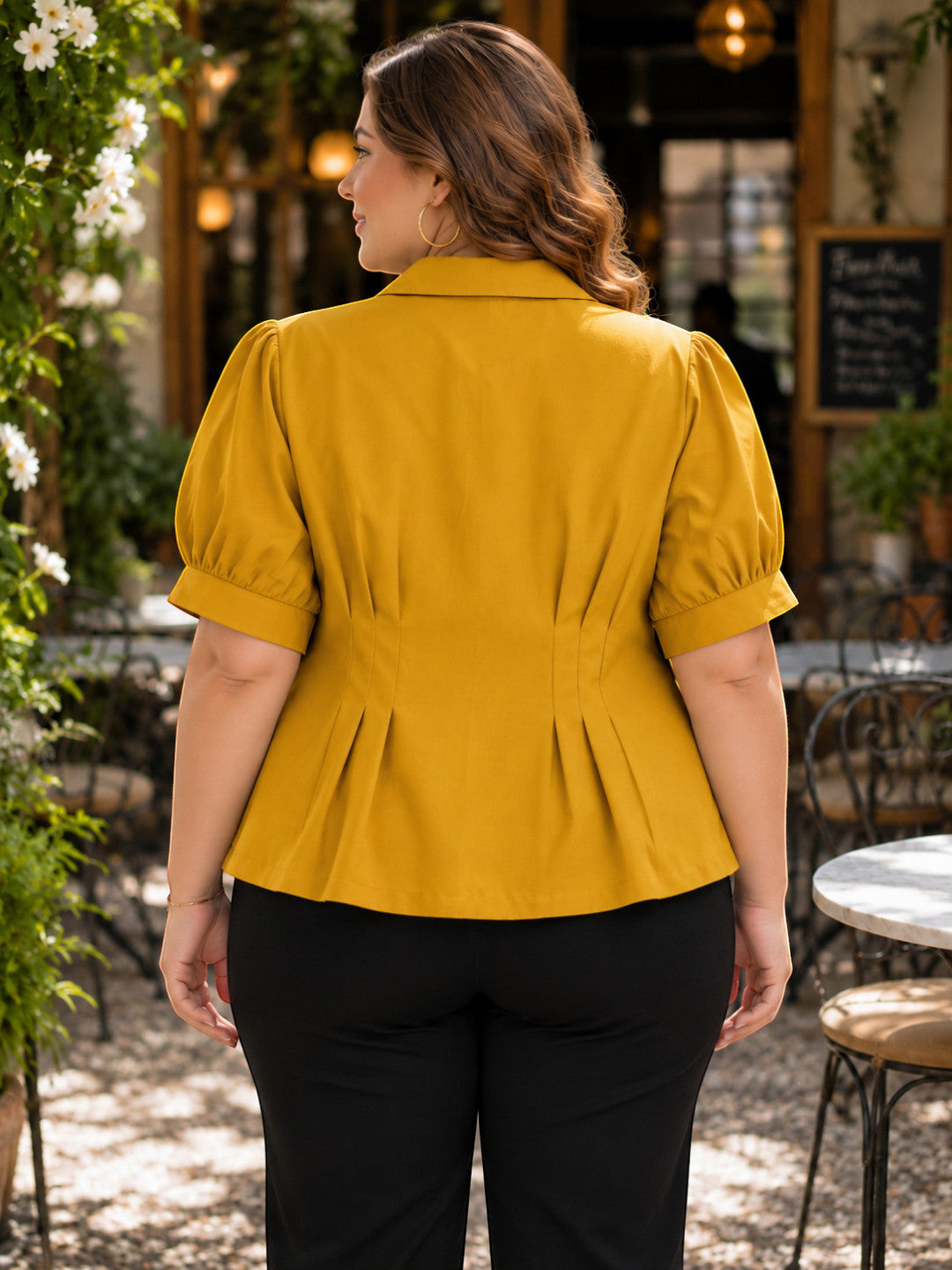 Women Plus Size Mustard Short Sleeve Viscose Slub Shirt with Pleat Detail