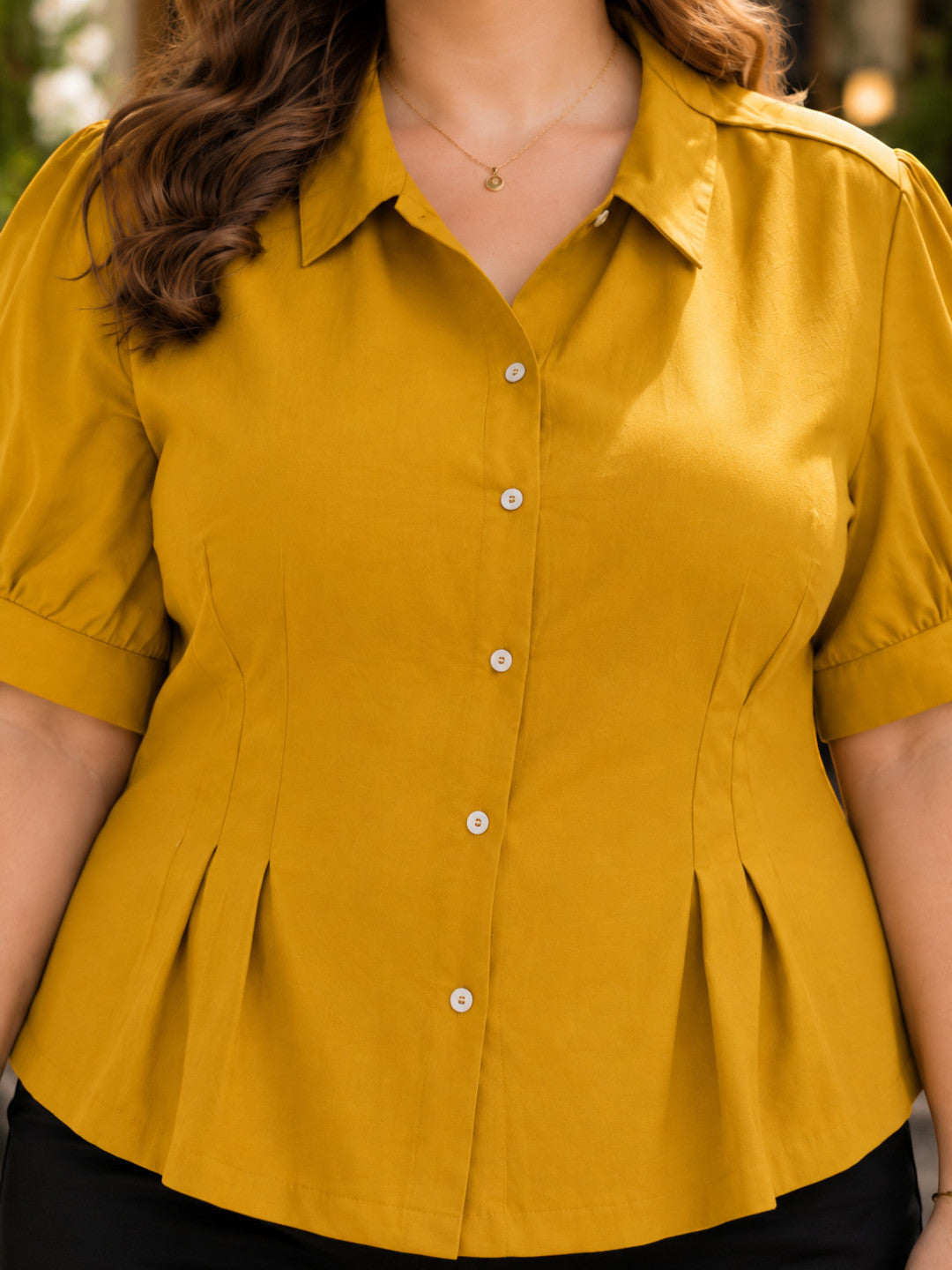 Women Plus Size Mustard Short Sleeve Viscose Slub Shirt with Pleat Detail