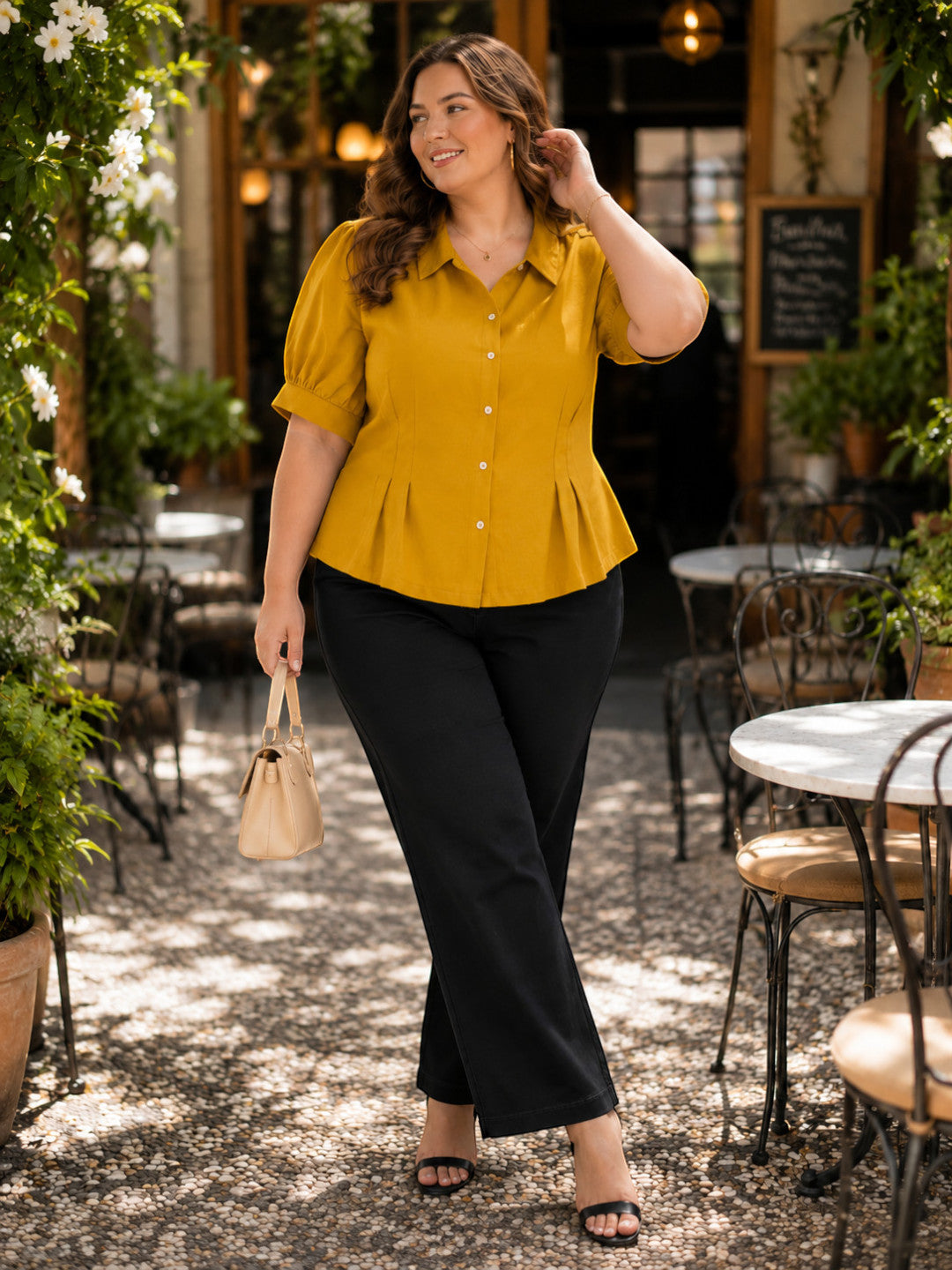 Women Plus Size Mustard Short Sleeve Viscose Slub Shirt with Pleat Detail