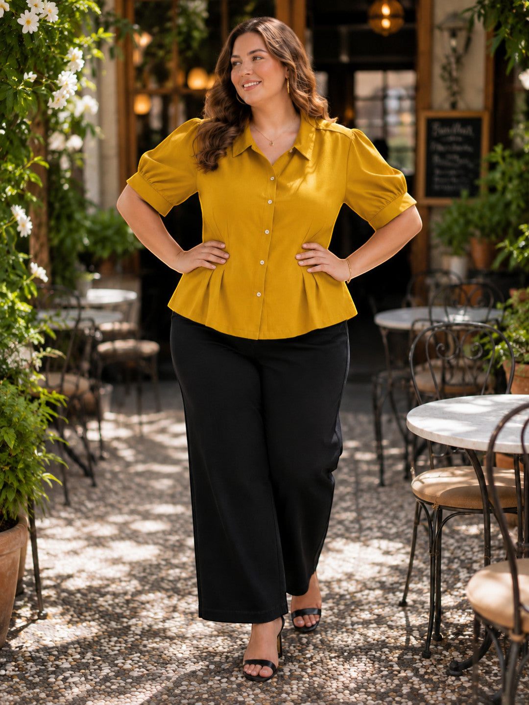 Women Plus Size Mustard Short Sleeve Viscose Slub Shirt with Pleat Detail