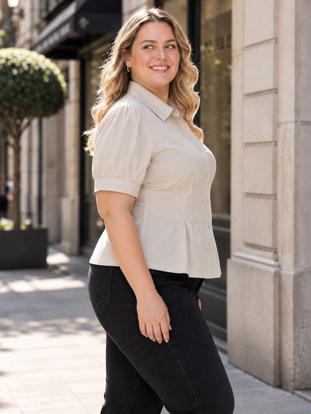 Women Plus Size Beige Short Sleeve Viscose Slub Shirt with Pleat Detail
