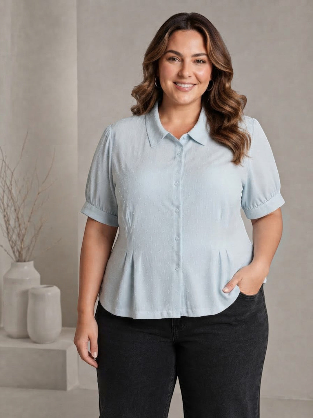 Women Plus Size Light Blue Short Sleeve Viscose Slub Shirt with Pleat Detail