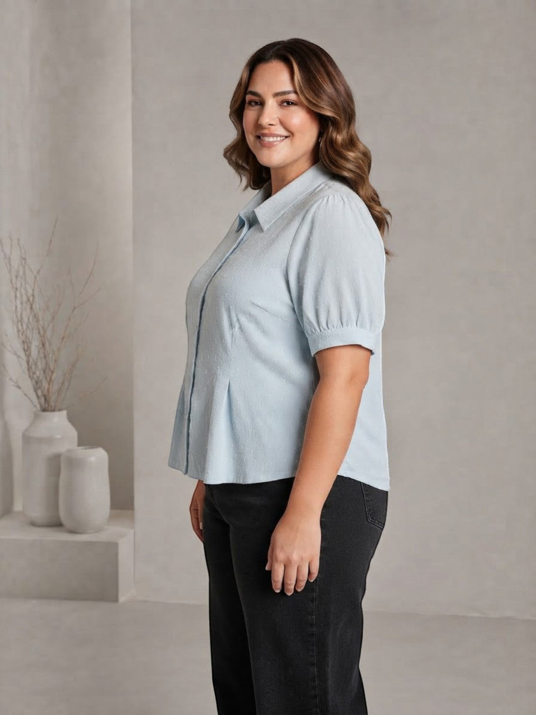 Women Plus Size Light Blue Short Sleeve Viscose Slub Shirt with Pleat Detail
