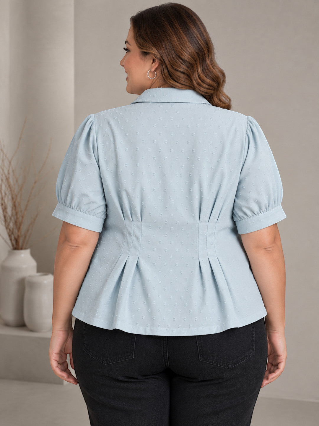 Women Plus Size Light Blue Short Sleeve Viscose Slub Shirt with Pleat Detail