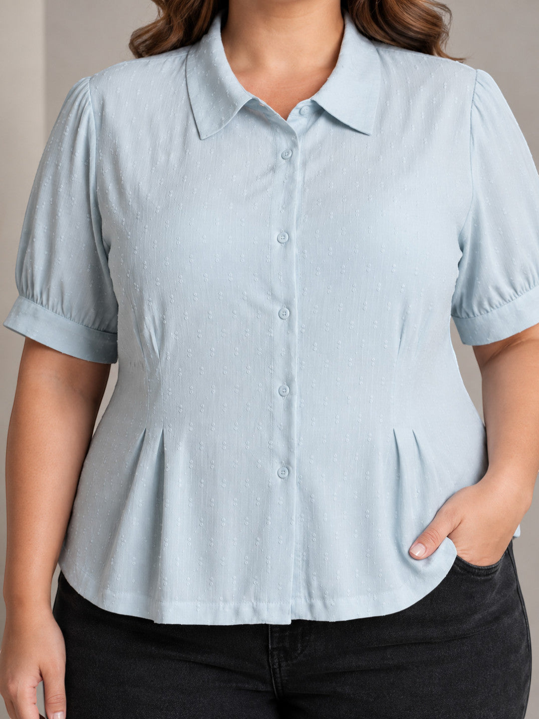 Women Plus Size Light Blue Short Sleeve Viscose Slub Shirt with Pleat Detail