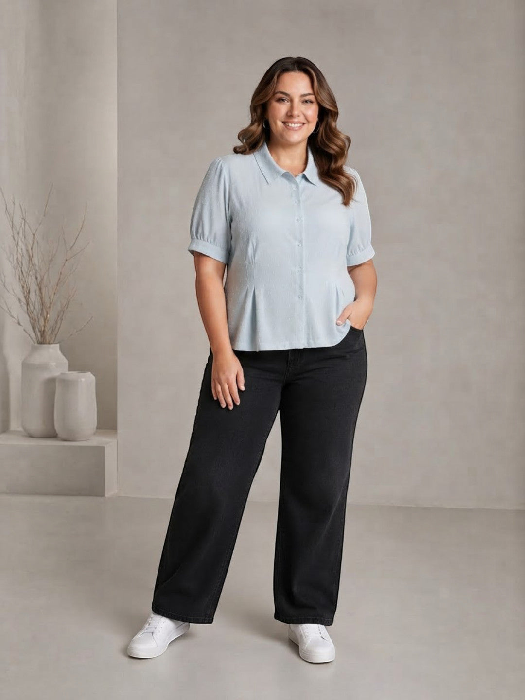 Women Plus Size Light Blue Short Sleeve Viscose Slub Shirt with Pleat Detail