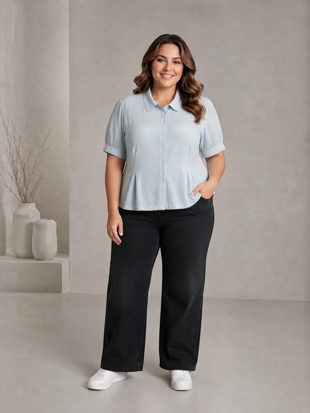 Women Plus Size Light Blue Short Sleeve Viscose Slub Shirt with Pleat Detail