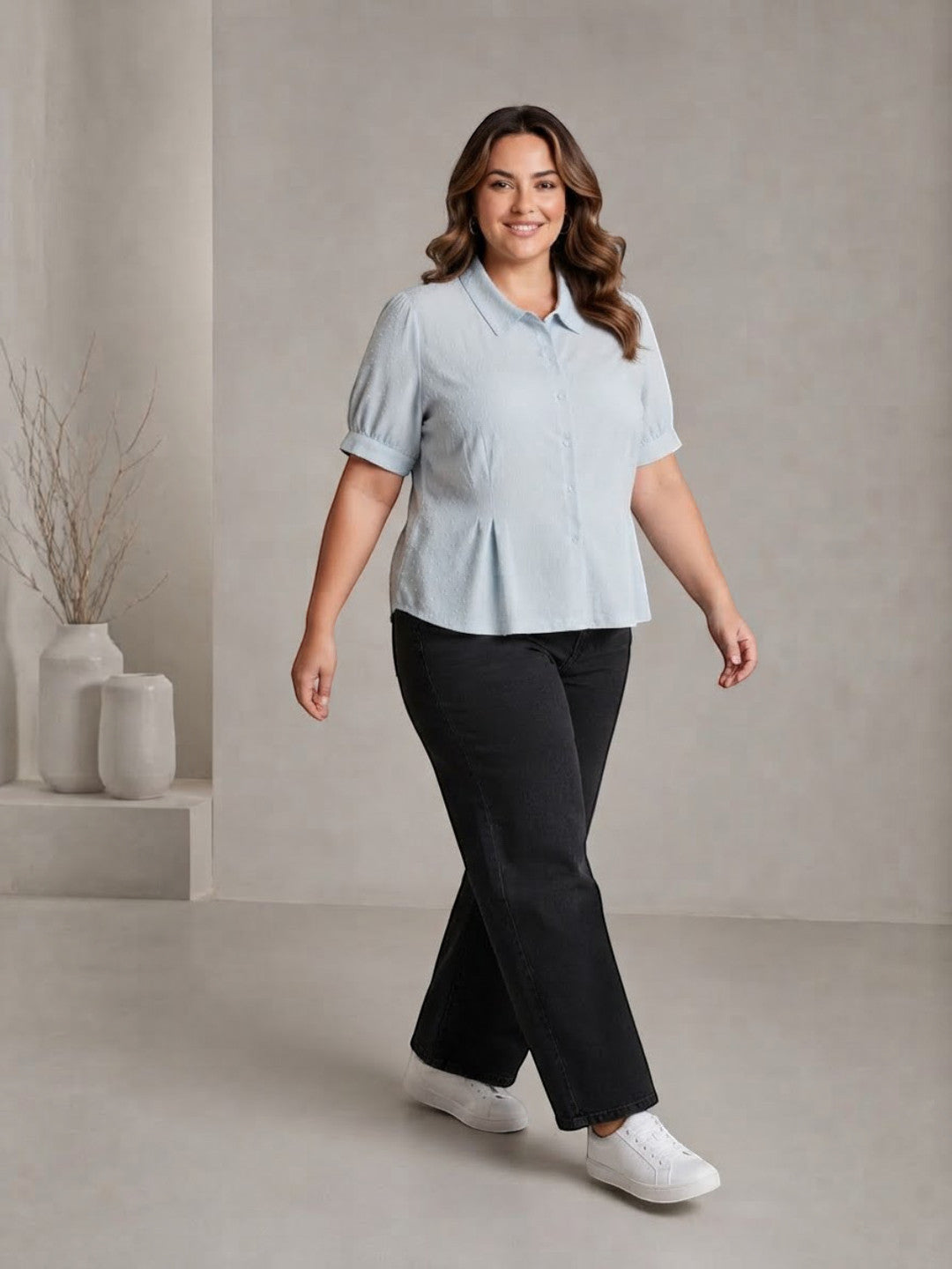 Women Plus Size Light Blue Short Sleeve Viscose Slub Shirt with Pleat Detail