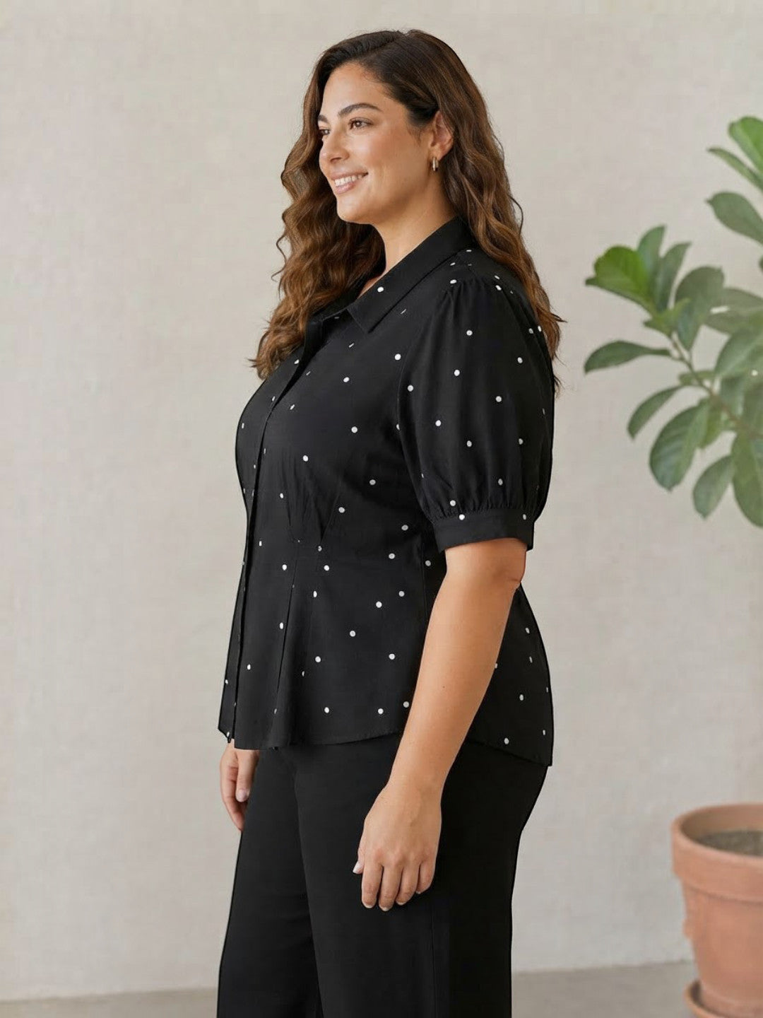 Women Plus Size Black Polka Dot Short Sleeve Viscose Shirt with Pleat Detail