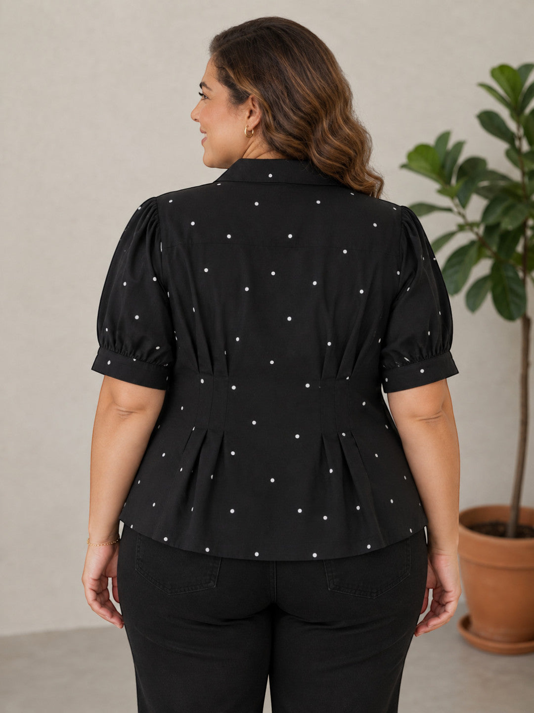 Women Plus Size Black Polka Dot Short Sleeve Viscose Shirt with Pleat Detail
