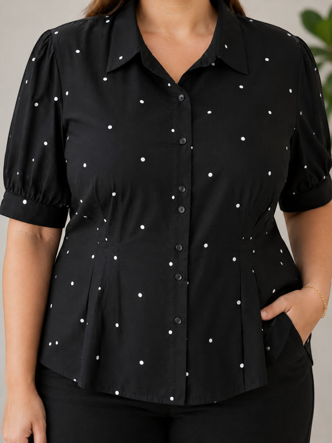 Women Plus Size Black Polka Dot Short Sleeve Viscose Shirt with Pleat Detail