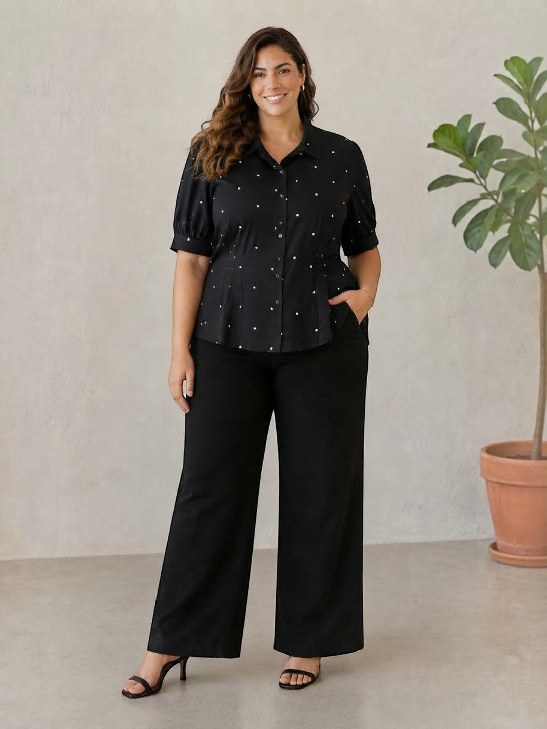 Women Plus Size Black Polka Dot Short Sleeve Viscose Shirt with Pleat Detail