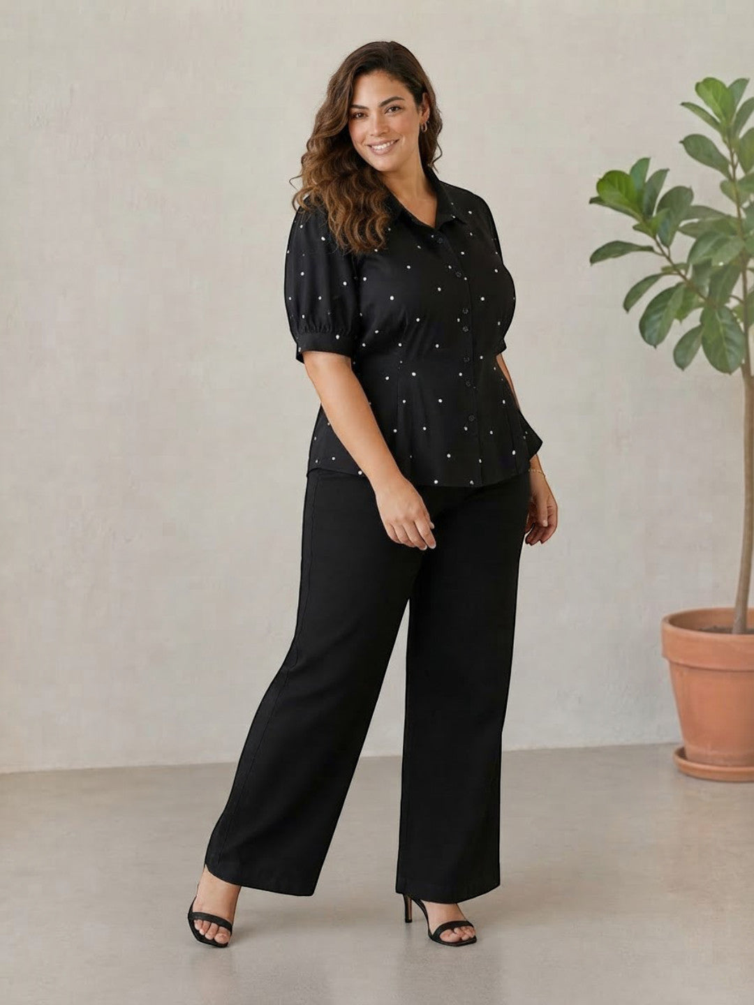 Women Plus Size Black Polka Dot Short Sleeve Viscose Shirt with Pleat Detail
