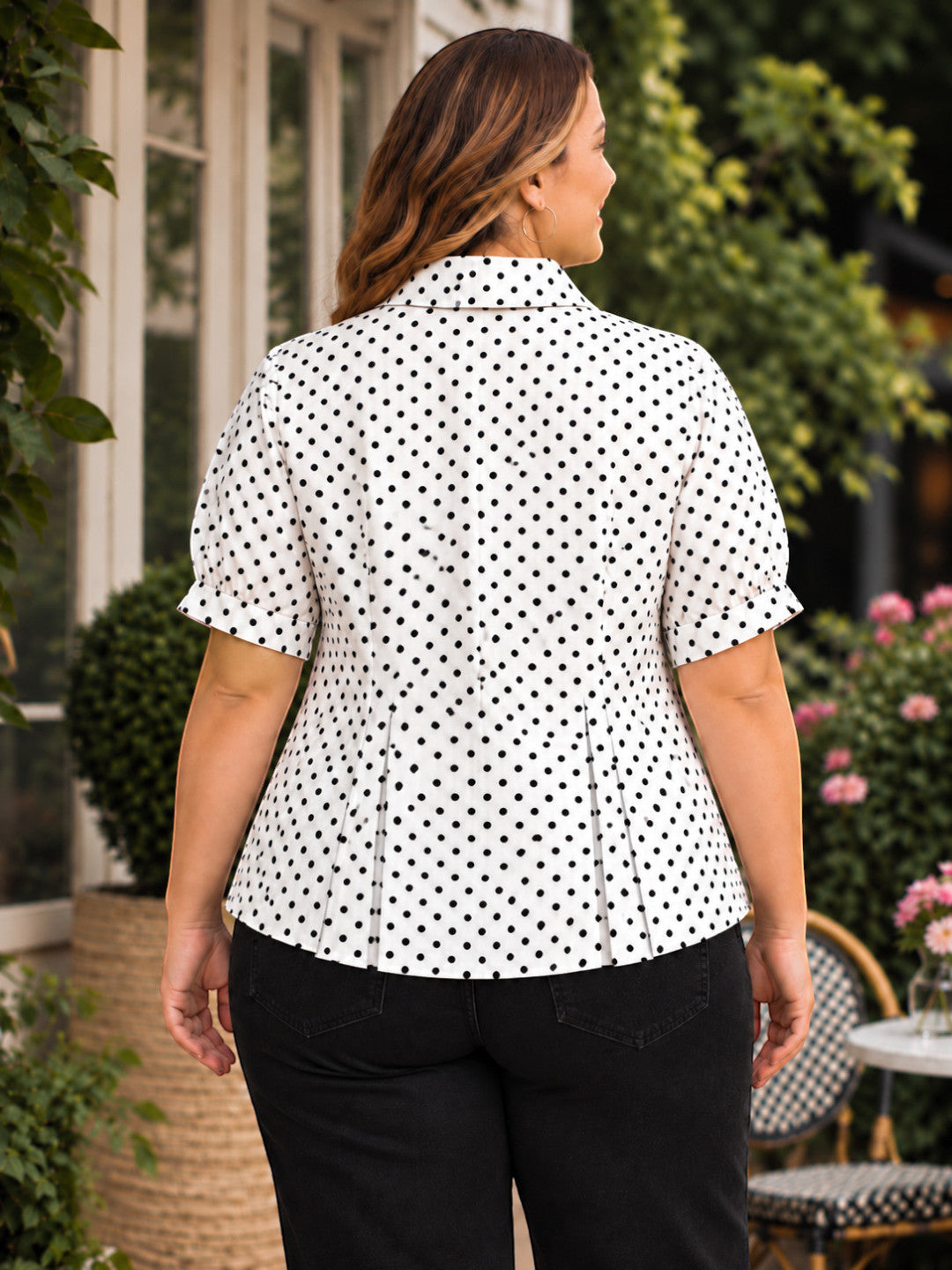 Women Plus Size White Polka Dot Short Sleeve Viscose Shirt