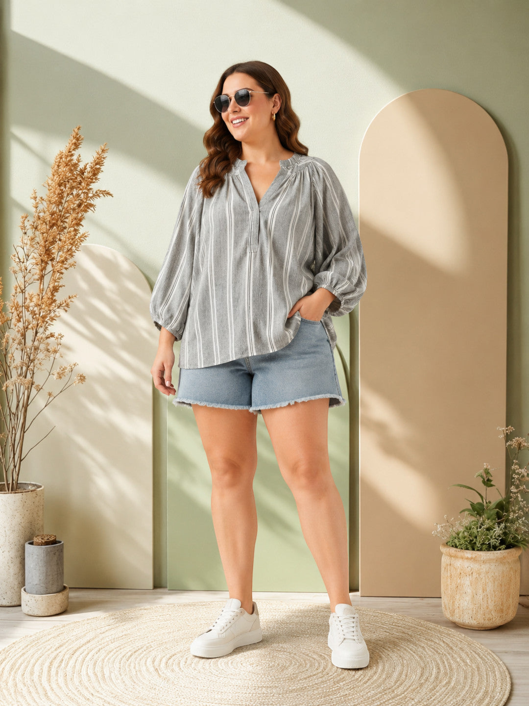 Women Plus Size Grey Striped V-Neck Long Sleeve Yarn-Dyed Cotton Top - image 2