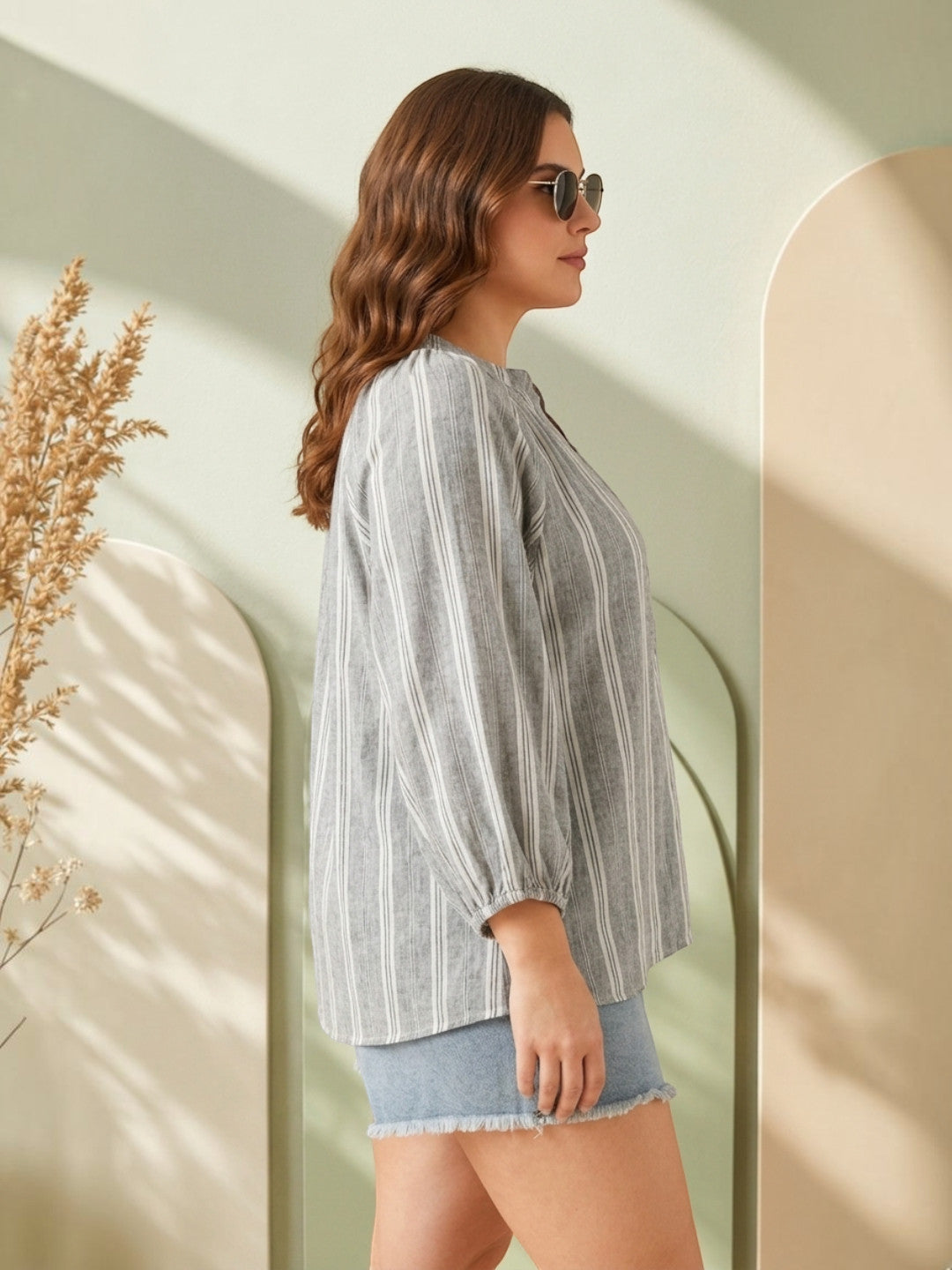 Women Plus Size Grey Striped V-Neck Long Sleeve Yarn-Dyed Cotton Top - image 3