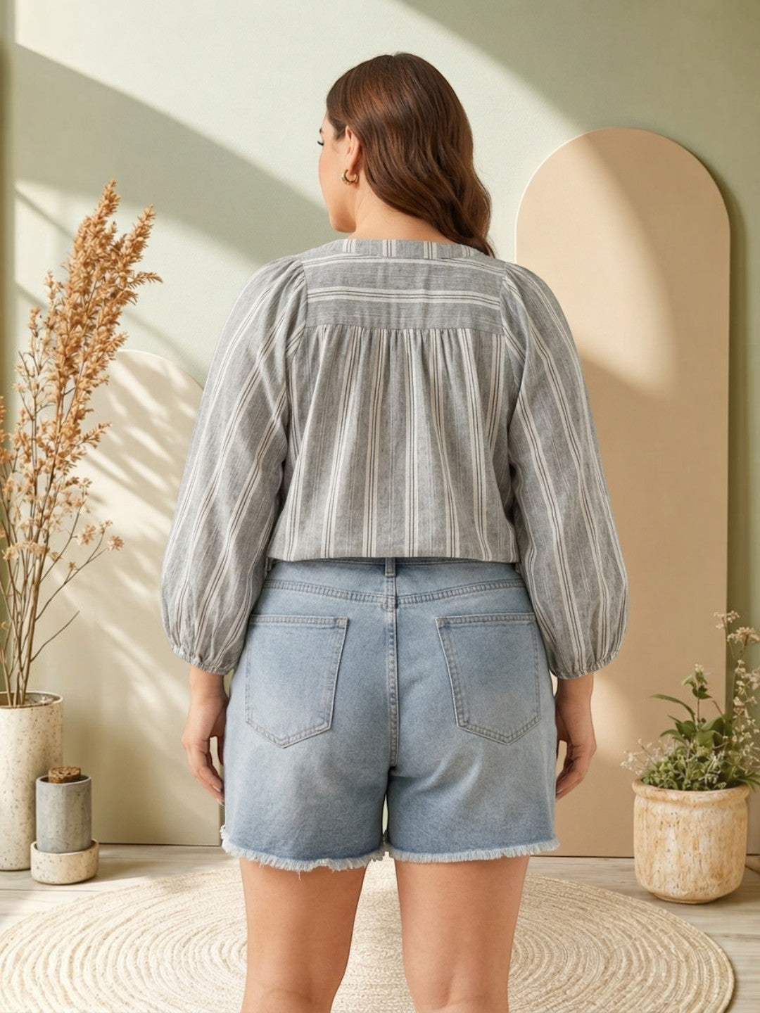 Women Plus Size Grey Striped V-Neck Long Sleeve Yarn-Dyed Cotton Top - image 4