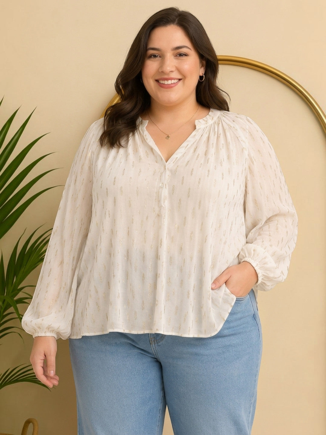 Women Plus Size White V-Neck Long Sleeve Lurex Dobby Top - image 1