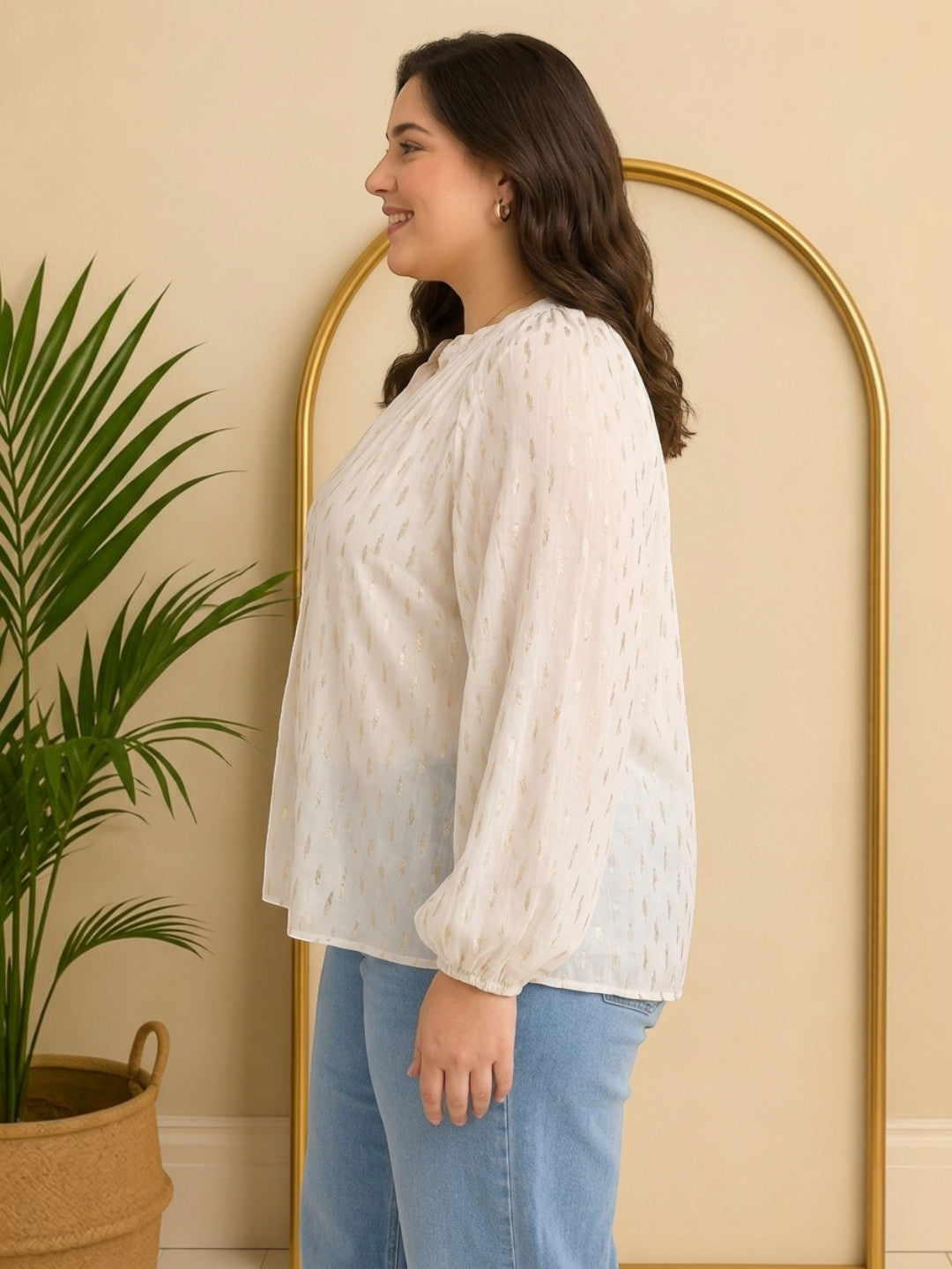 Women Plus Size White V-Neck Long Sleeve Lurex Dobby Top - image 2
