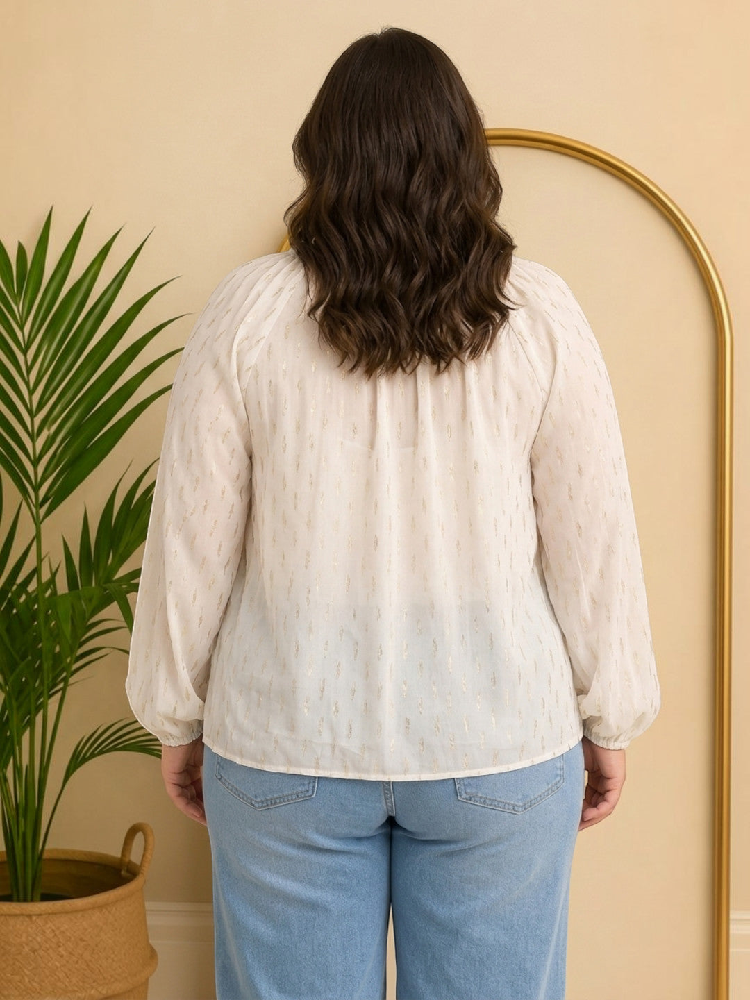 Women Plus Size White V-Neck Long Sleeve Lurex Dobby Top - image 3