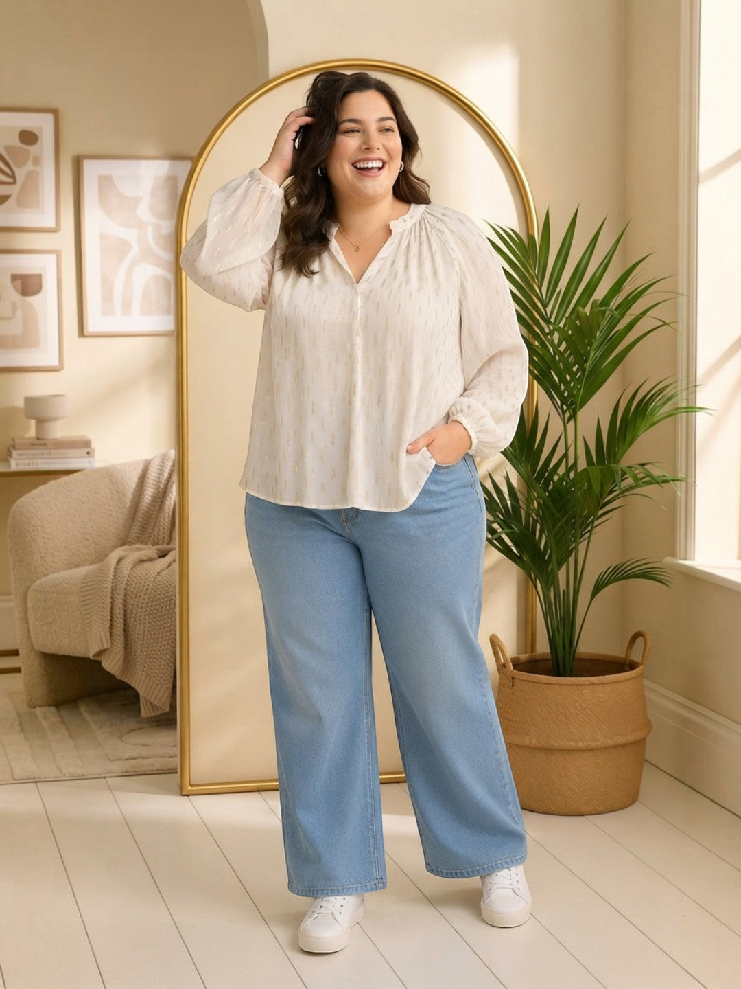 Women Plus Size White V-Neck Long Sleeve Lurex Dobby Top - image 5