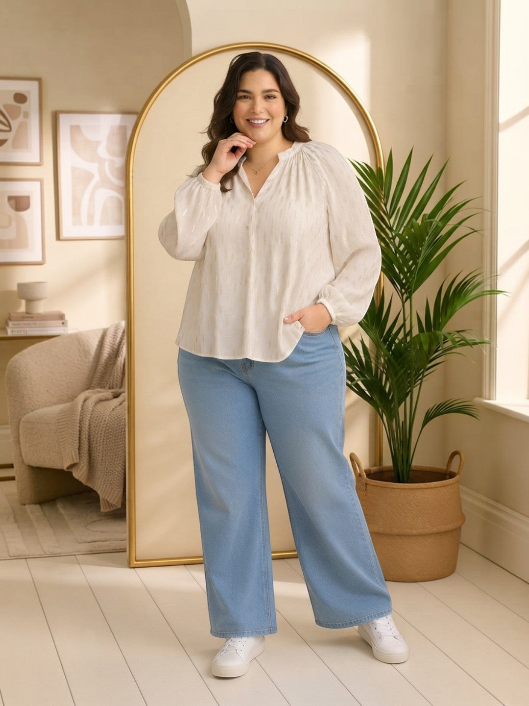 Women Plus Size White V-Neck Long Sleeve Lurex Dobby Top - image 6