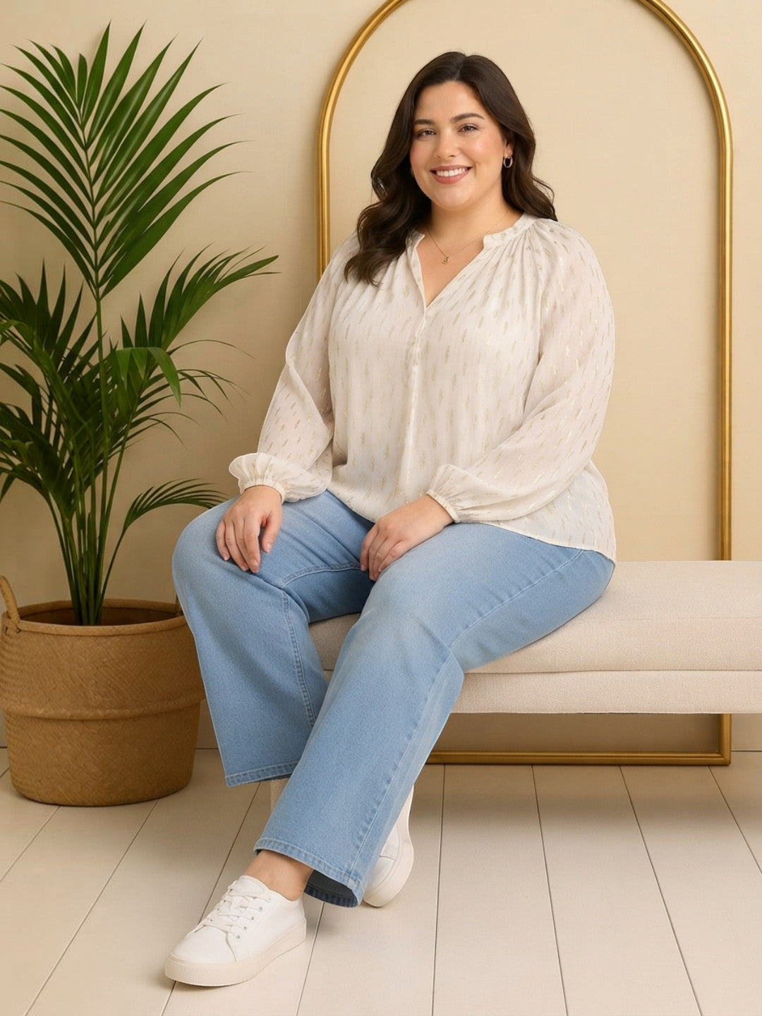 Women Plus Size White V-Neck Long Sleeve Lurex Dobby Top - image 7
