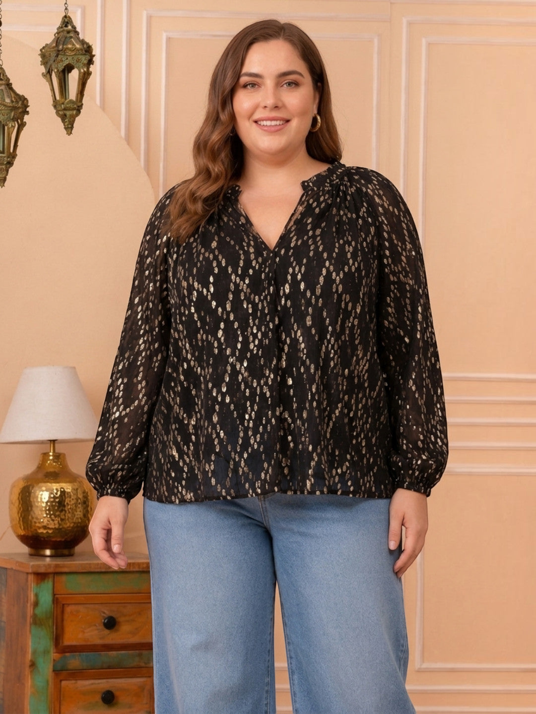 Women Plus Size Black V-Neck Long Sleeve Lurex Dobby Top - image 1