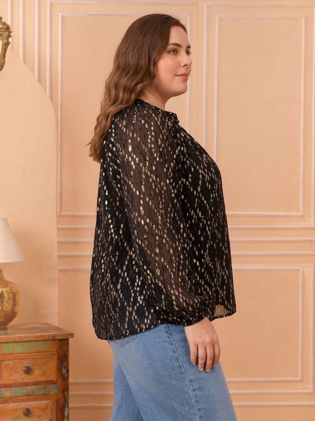 Women Plus Size Black V-Neck Long Sleeve Lurex Dobby Top - image 2