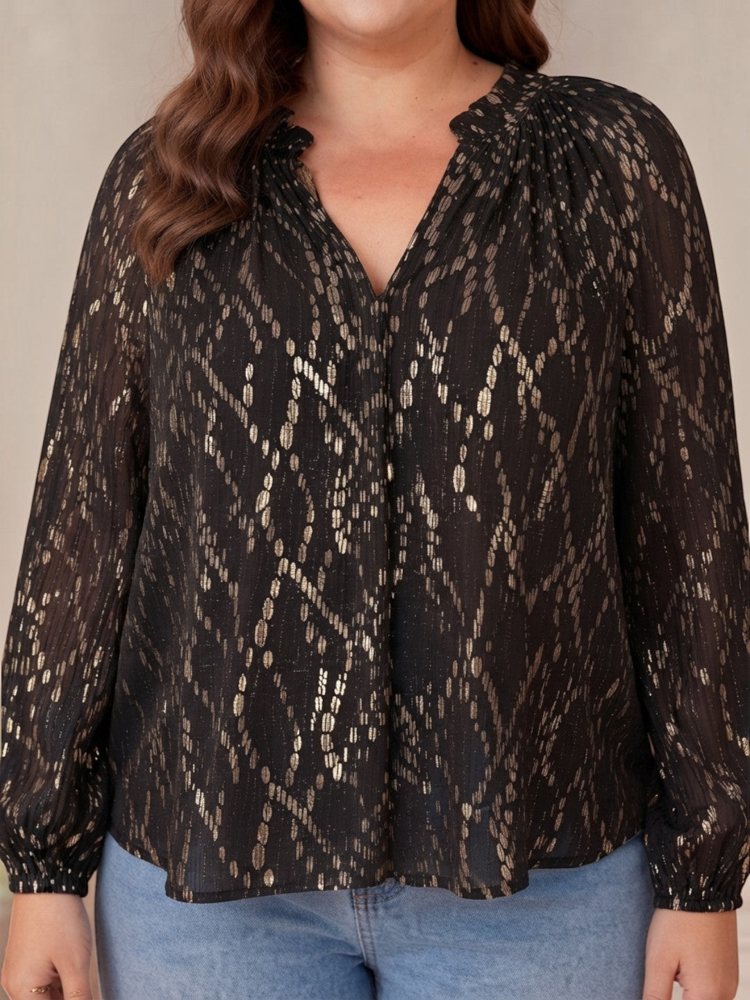Women Plus Size Black V-Neck Long Sleeve Lurex Dobby Top - image 4