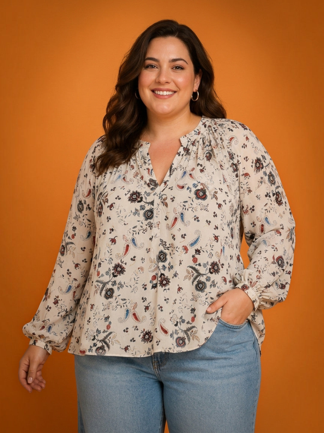 Women Plus Size White Floral Print V-Neck Long Sleeve Viscose Top - image 1