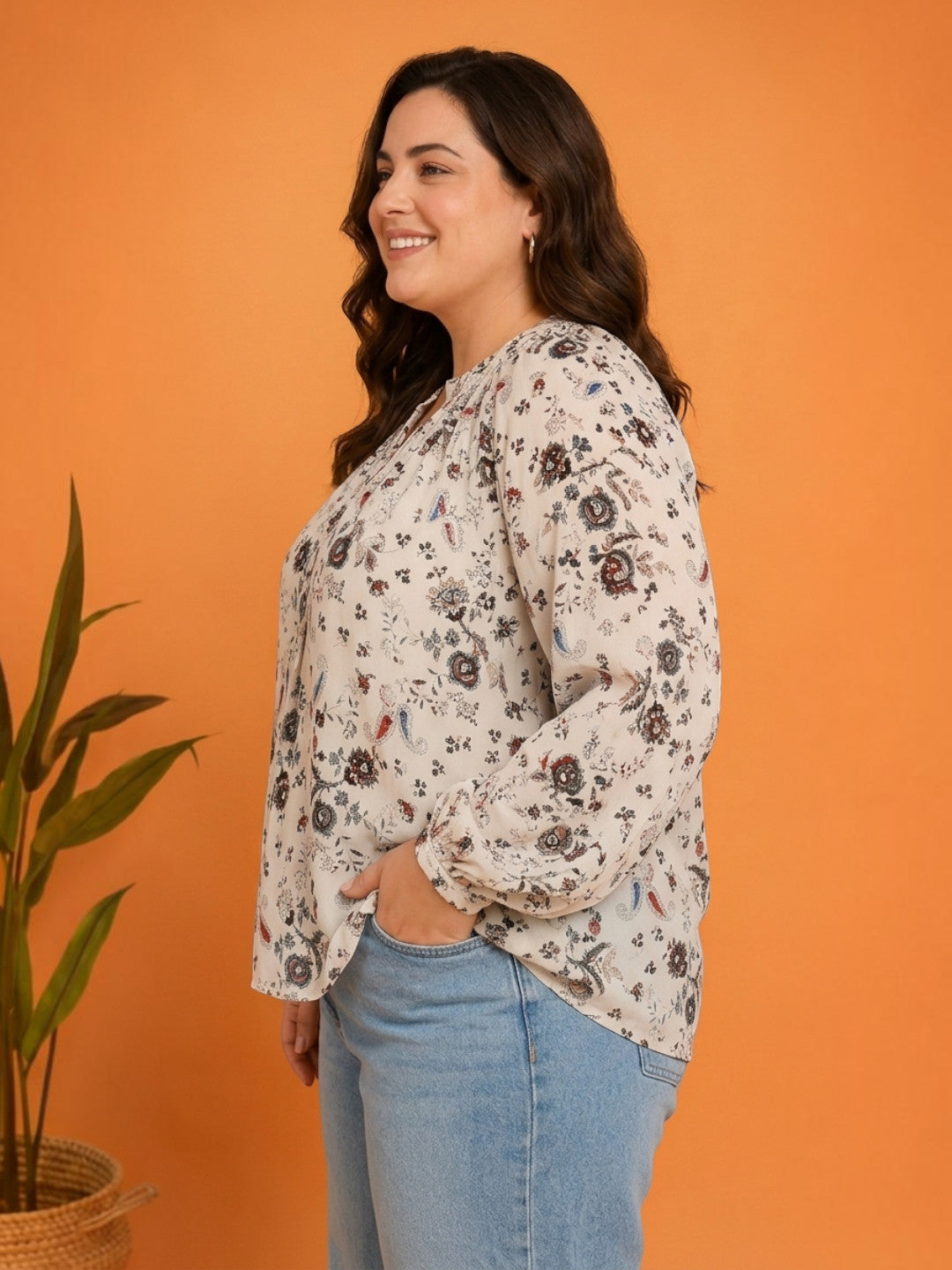 Women Plus Size White Floral Print V-Neck Long Sleeve Viscose Top - image 2
