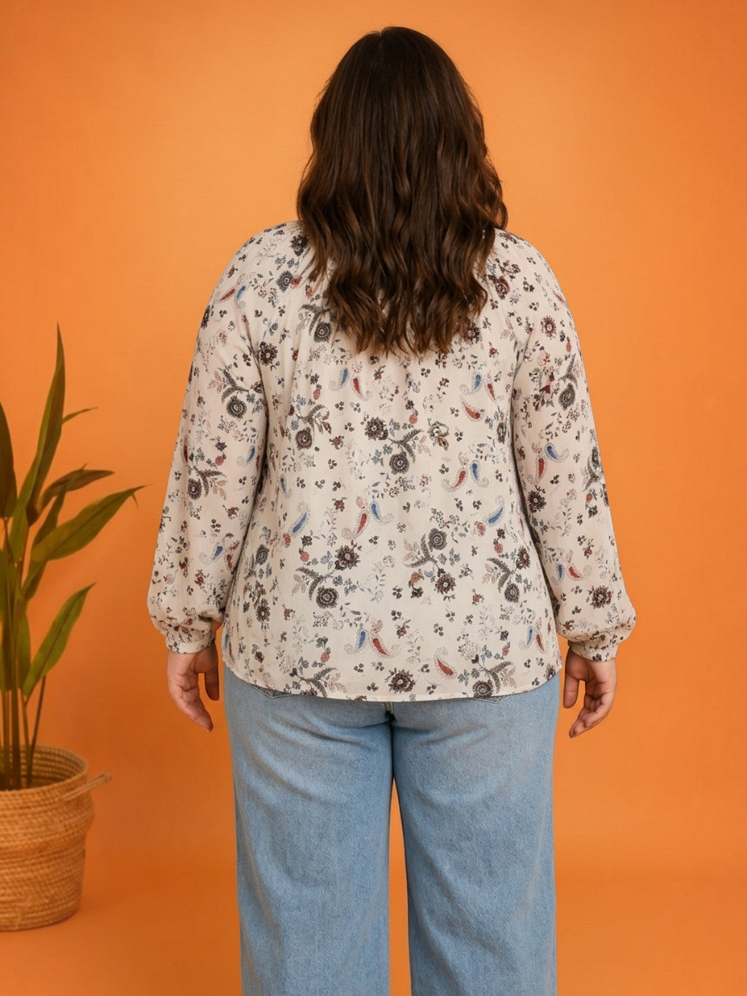 Women Plus Size White Floral Print V-Neck Long Sleeve Viscose Top - image 3