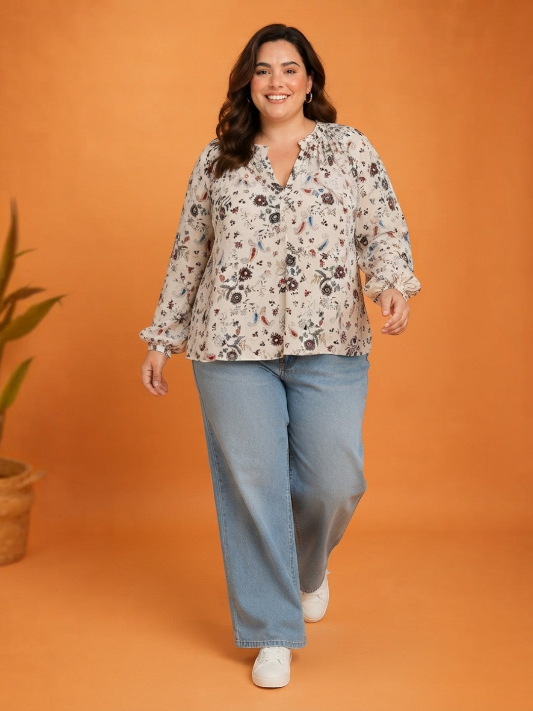 Women Plus Size White Floral Print V-Neck Long Sleeve Viscose Top - image 5