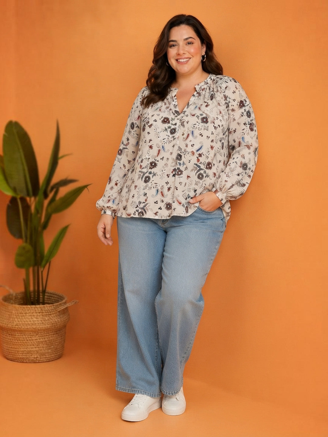 Women Plus Size White Floral Print V-Neck Long Sleeve Viscose Top - image 6