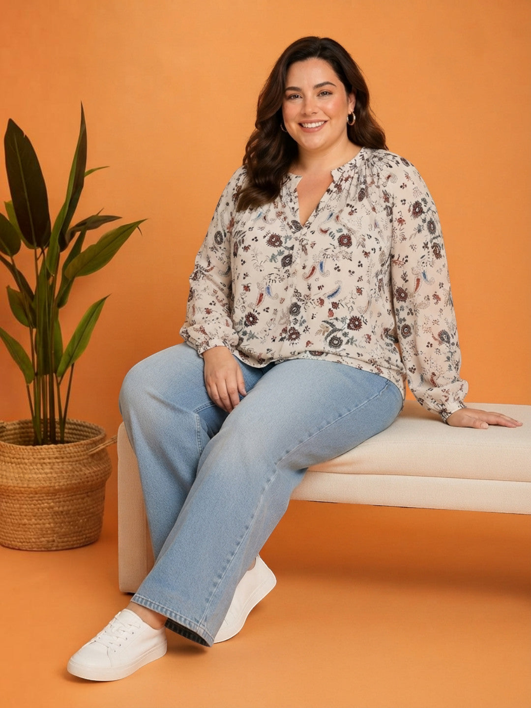 Women Plus Size White Floral Print V-Neck Long Sleeve Viscose Top - image 7