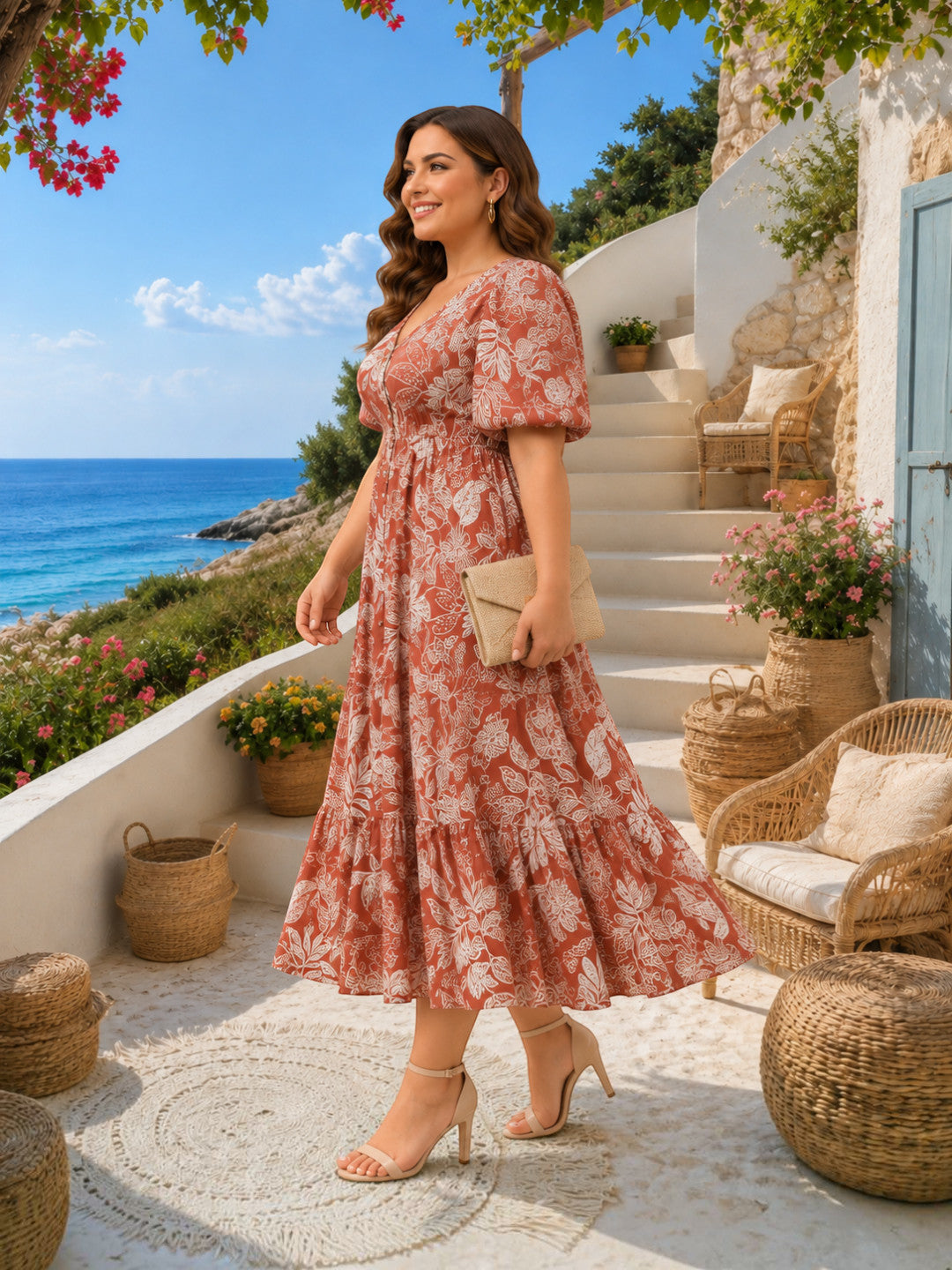 Women Plus Size Light Brown Floral Print Button-Down Cotton Linen Midi Dress - image 2