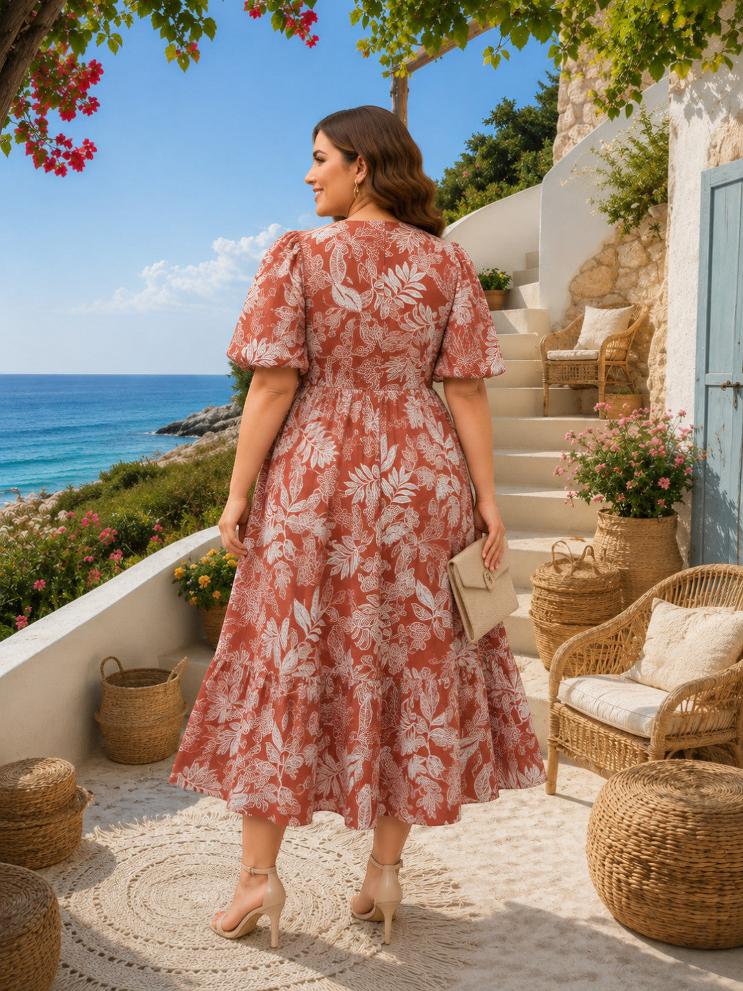Women Plus Size Light Brown Floral Print Button-Down Cotton Linen Midi Dress - image 3