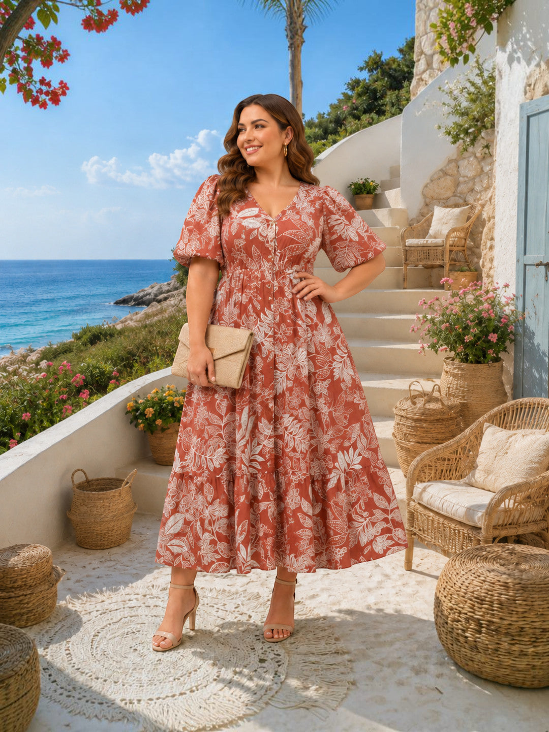 Women Plus Size Light Brown Floral Print Button-Down Cotton Linen Midi Dress - image 5