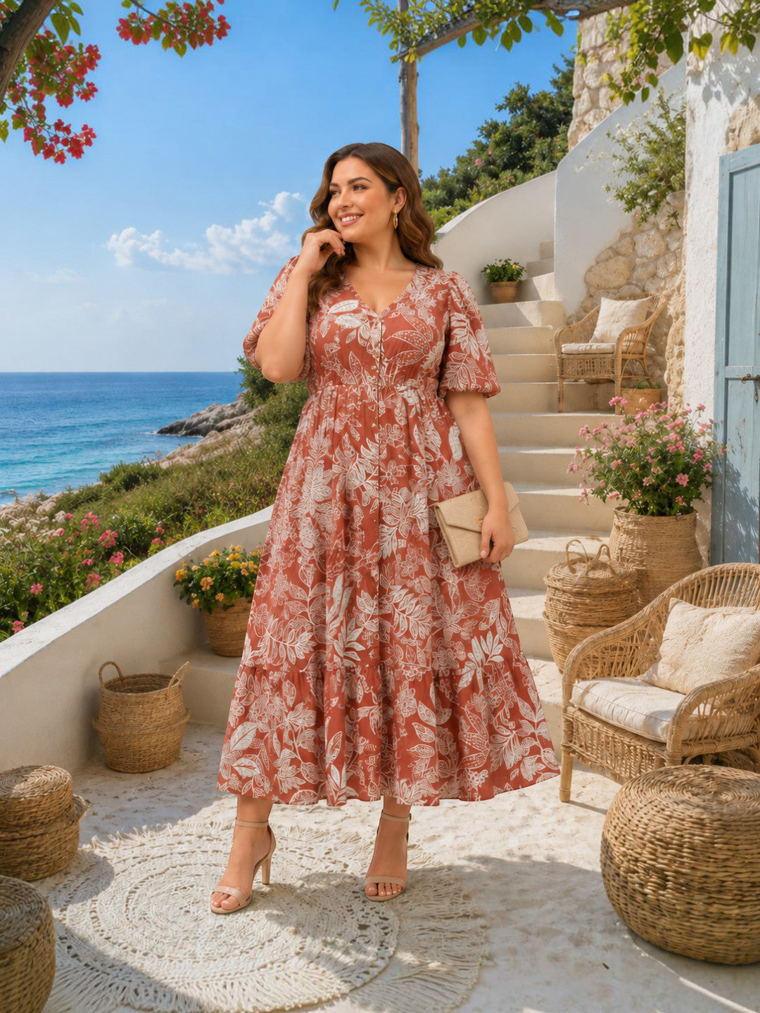 Women Plus Size Light Brown Floral Print Button-Down Cotton Linen Midi Dress - image 6