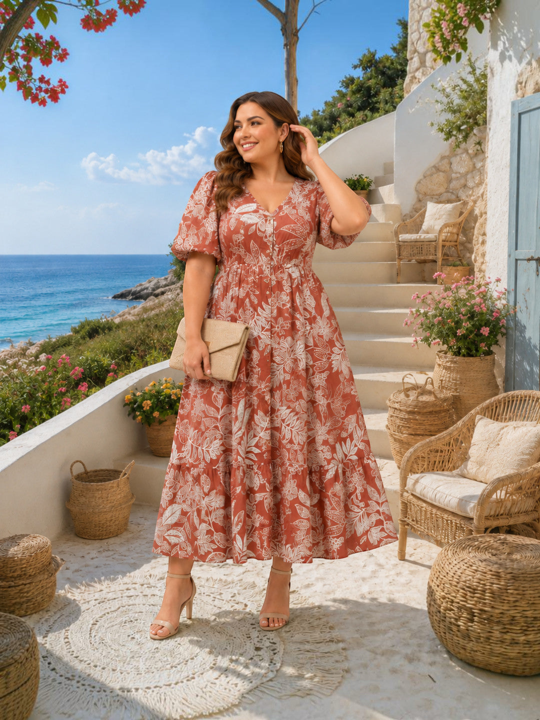 Women Plus Size Light Brown Floral Print Button-Down Cotton Linen Midi Dress - image 7