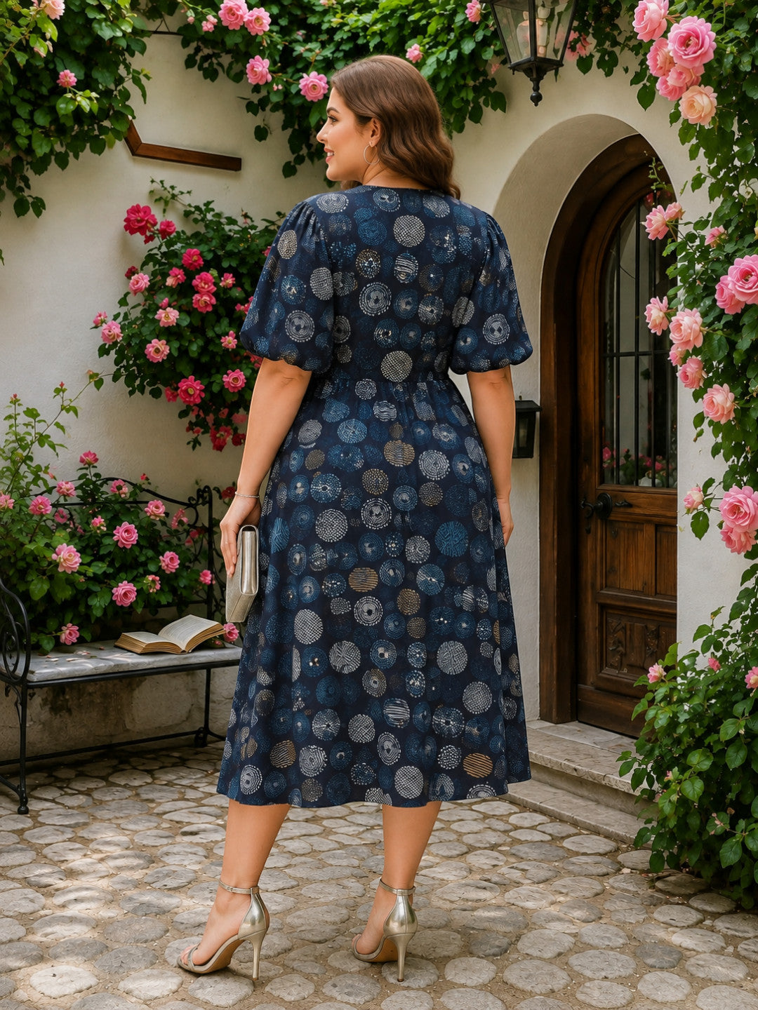 Women Plus Size Blue Floral Print Button-Down Cotton Linen Midi Dress - image 3