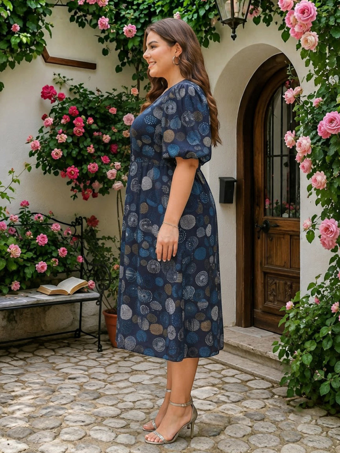 Women Plus Size Blue Floral Print Button-Down Cotton Linen Midi Dress - image 5