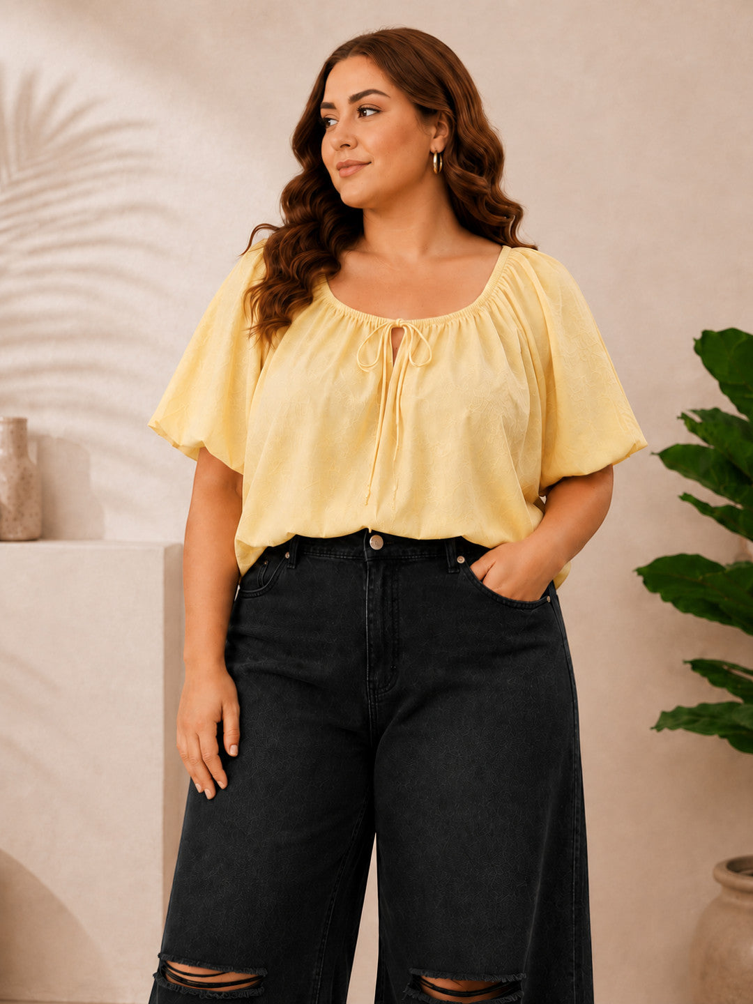 Women Plus Size Yellow Schiffli Cotton Tie-Up Neck Puff Sleeve Top - image 1