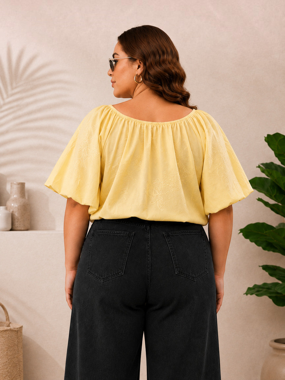 Women Plus Size Yellow Schiffli Cotton Tie-Up Neck Puff Sleeve Top - image 3