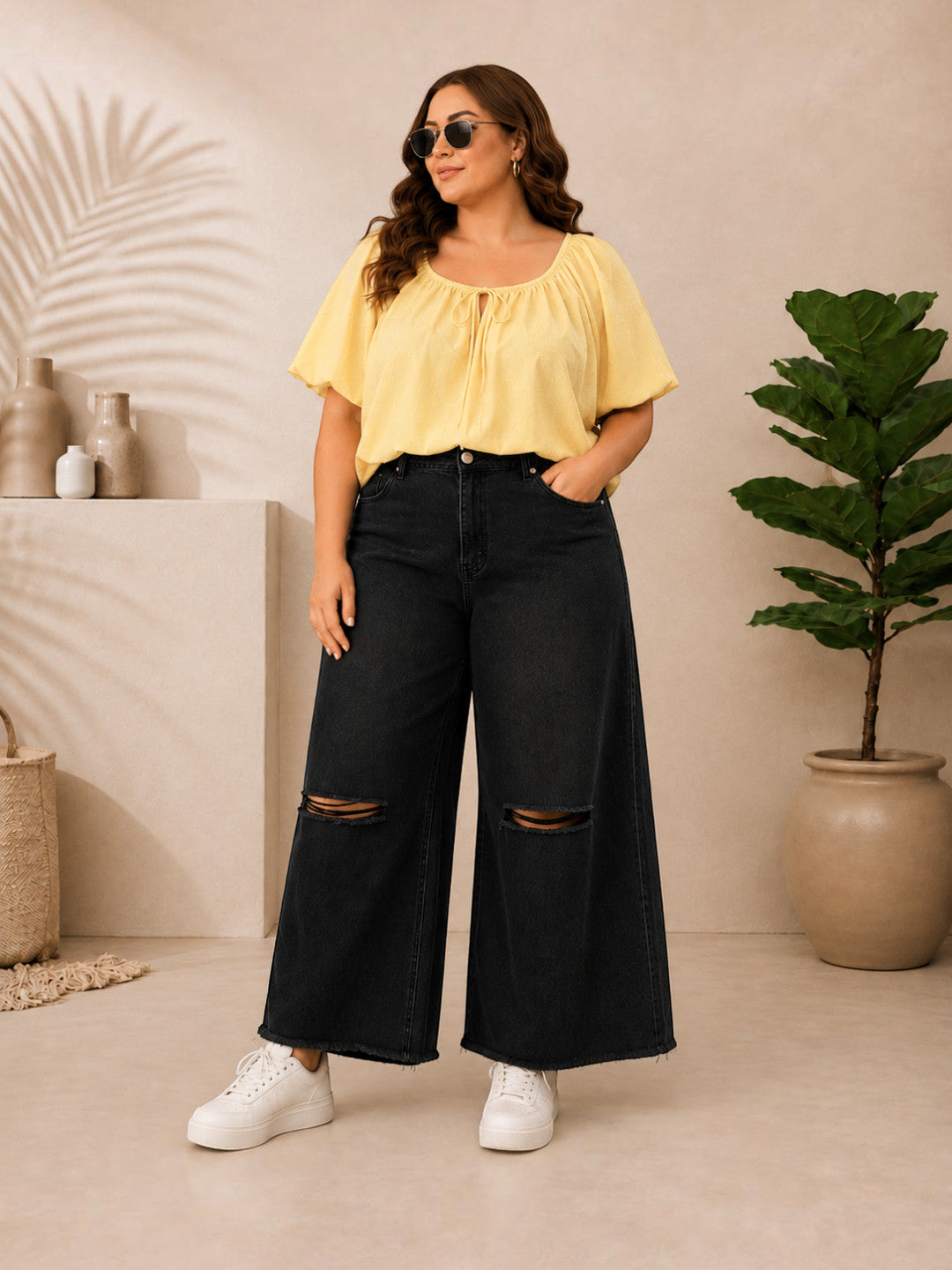 Women Plus Size Yellow Schiffli Cotton Tie-Up Neck Puff Sleeve Top - image 5