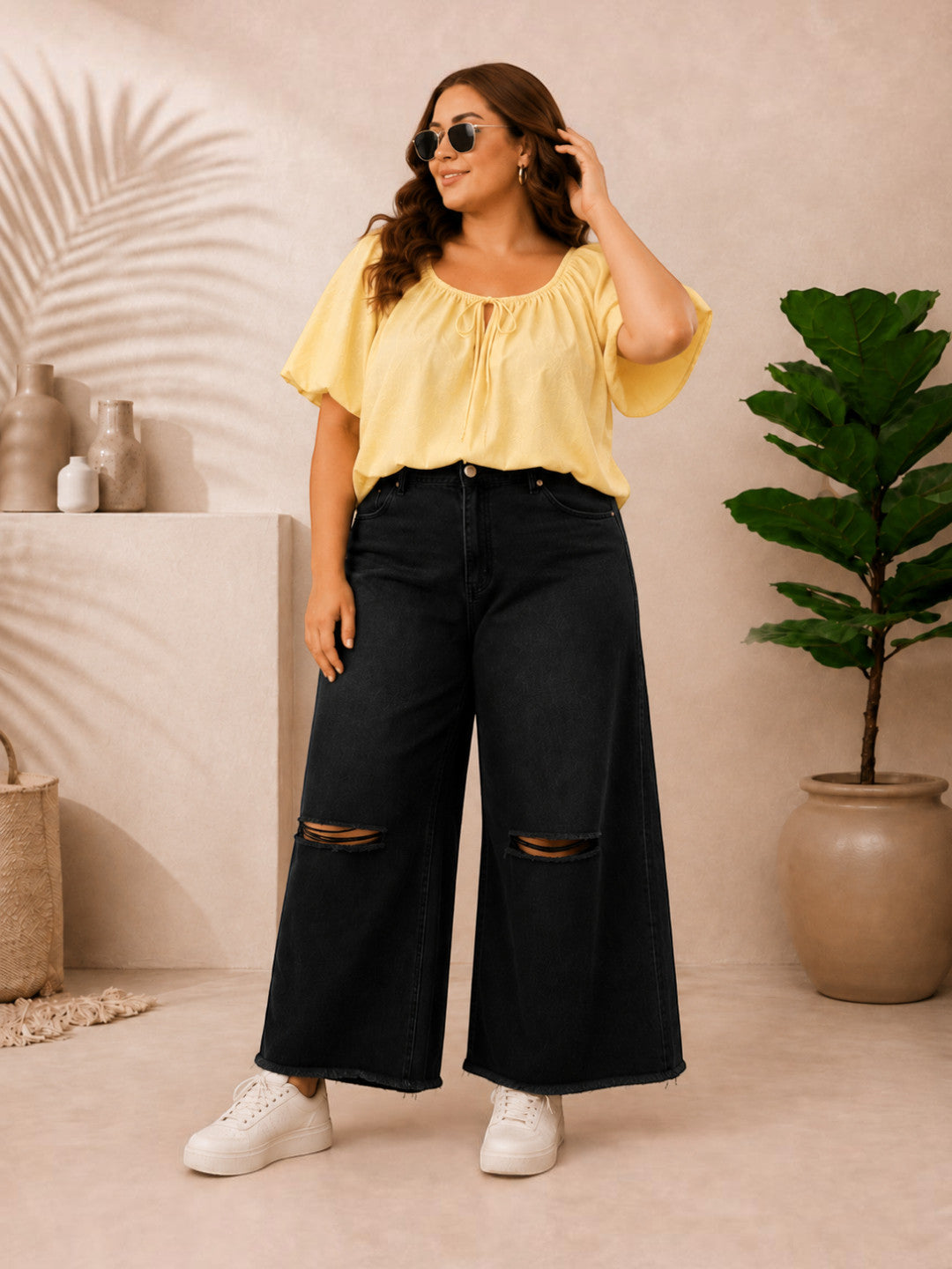 Women Plus Size Yellow Schiffli Cotton Tie-Up Neck Puff Sleeve Top - image 6