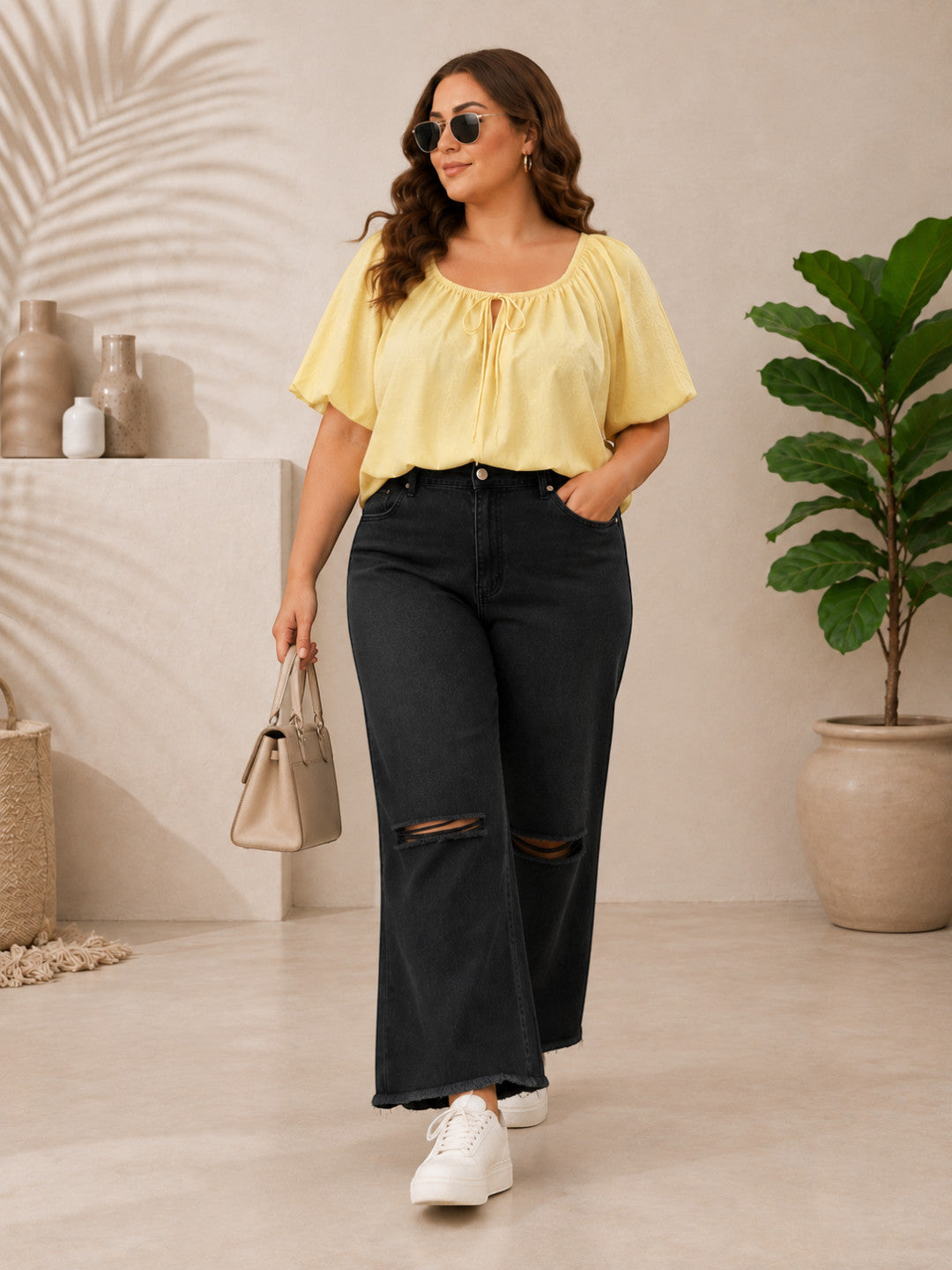 Women Plus Size Yellow Schiffli Cotton Tie-Up Neck Puff Sleeve Top - image 7