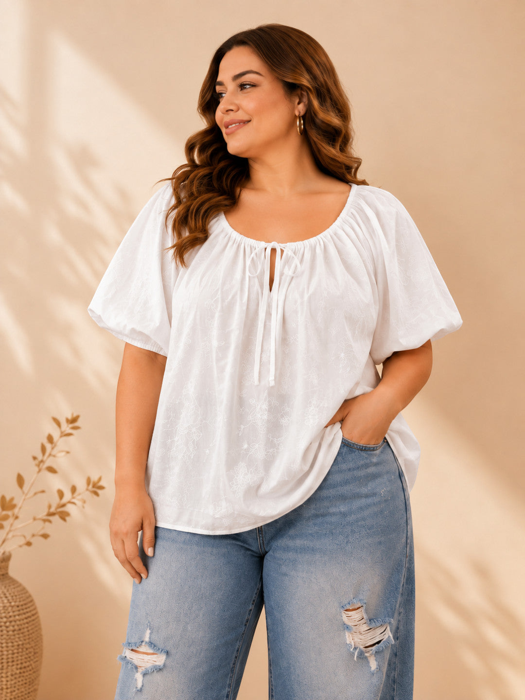 Women Plus Size White Schiffli Cotton Tie-Up Neck Puff Sleeve Top - image 1